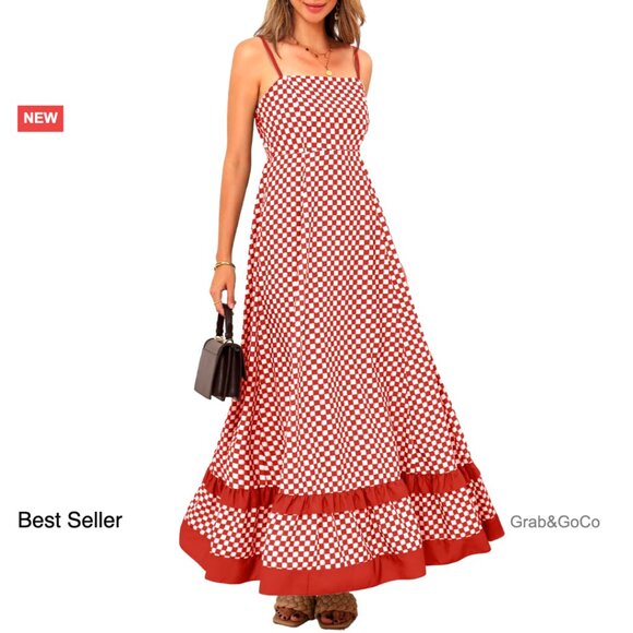 Checkered Print A-Line Dress Backless Ruffle Smocked Beach Vacation Elegant